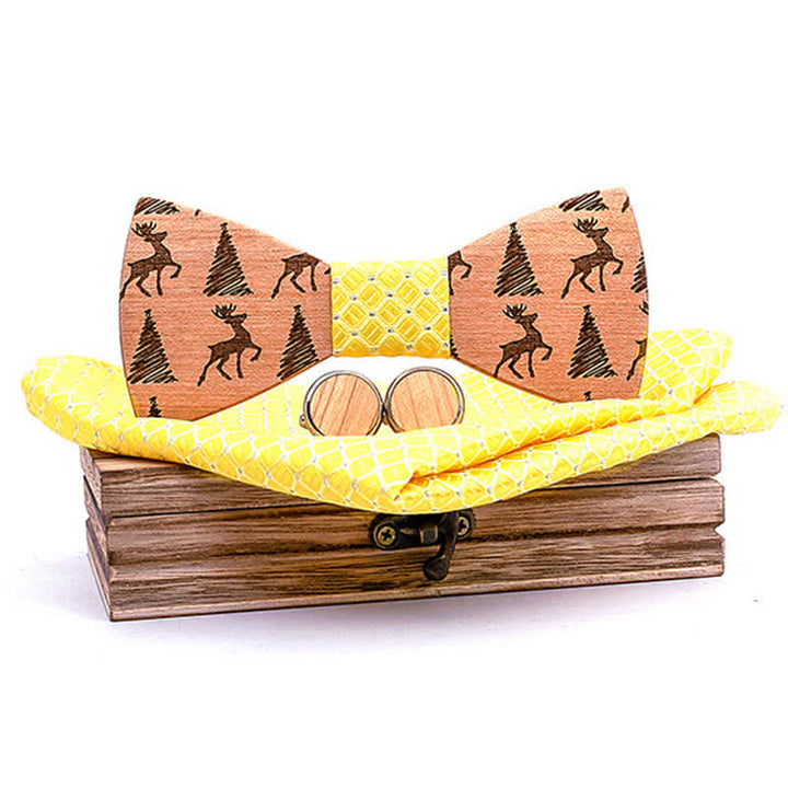 3Pcs Men's Christmas Tree Deer Pattern Wooden Bow Tie Set