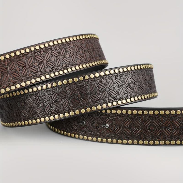 Men's Dark Brown Bull Head Embossed Leather Belt