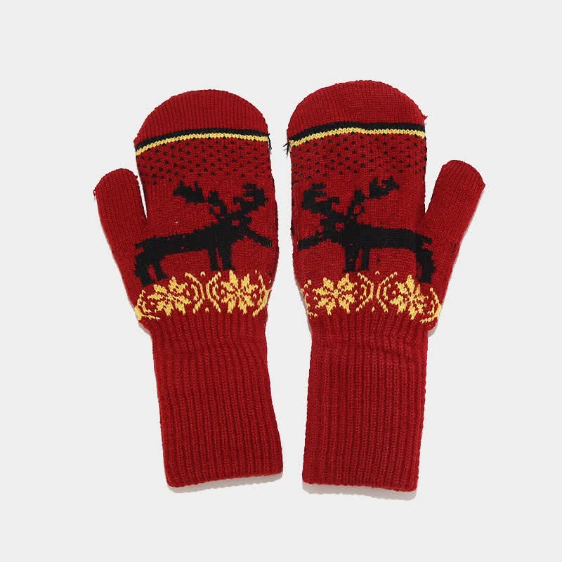 3Pcs Women's Christmas Elk Jacquard Hat Scarf Gloves Set