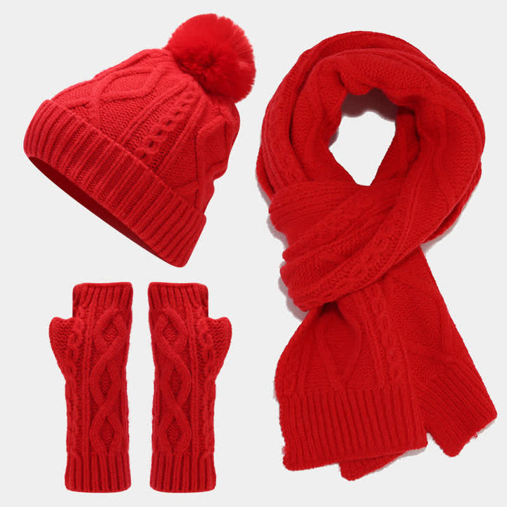 3Pcs Women's Cable Knitted Hat Scarf Fingerless Mittens Set