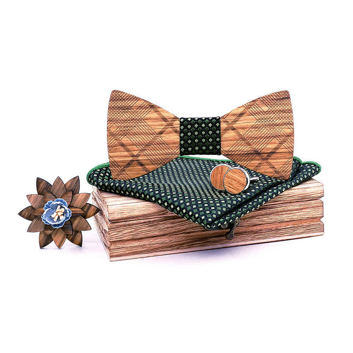 4Pcs Men's Classic Plaids Wooden Bow Tie Set