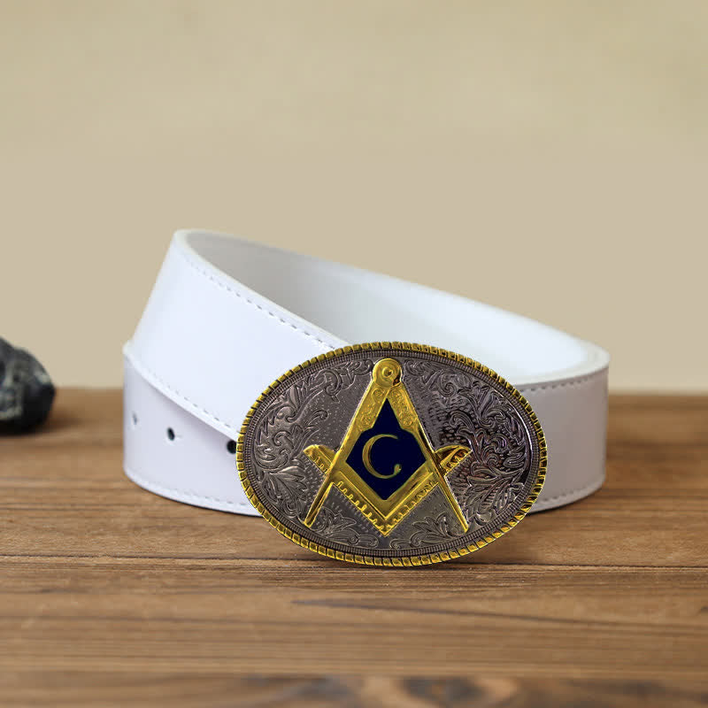 Men's DIY C-Shaped Masonic Oval Buckle Leather Belt