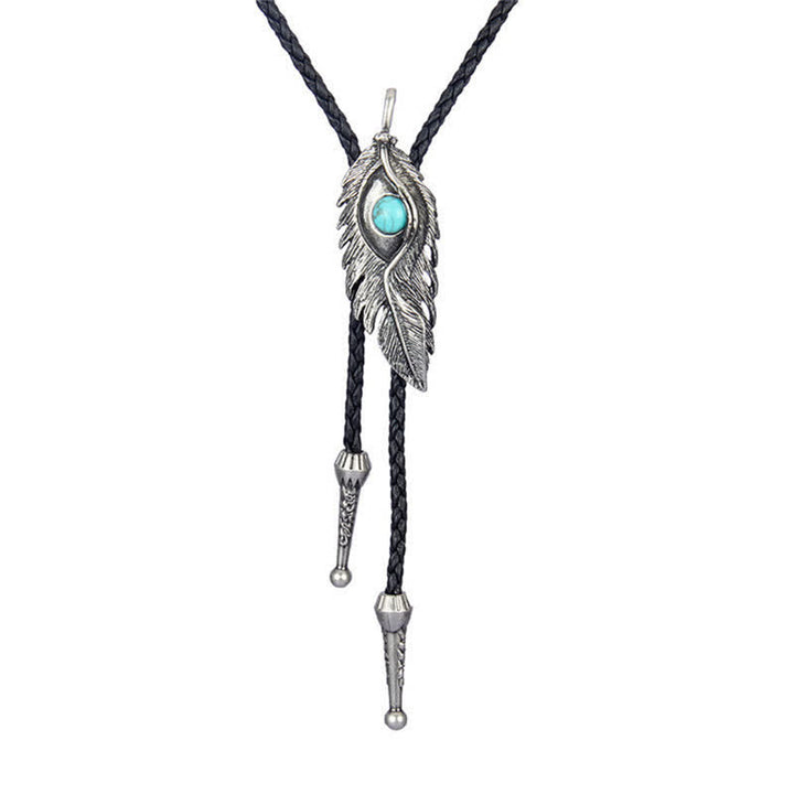 Blue Turquoise Stone Inlay Feather Shape Bolo Tie