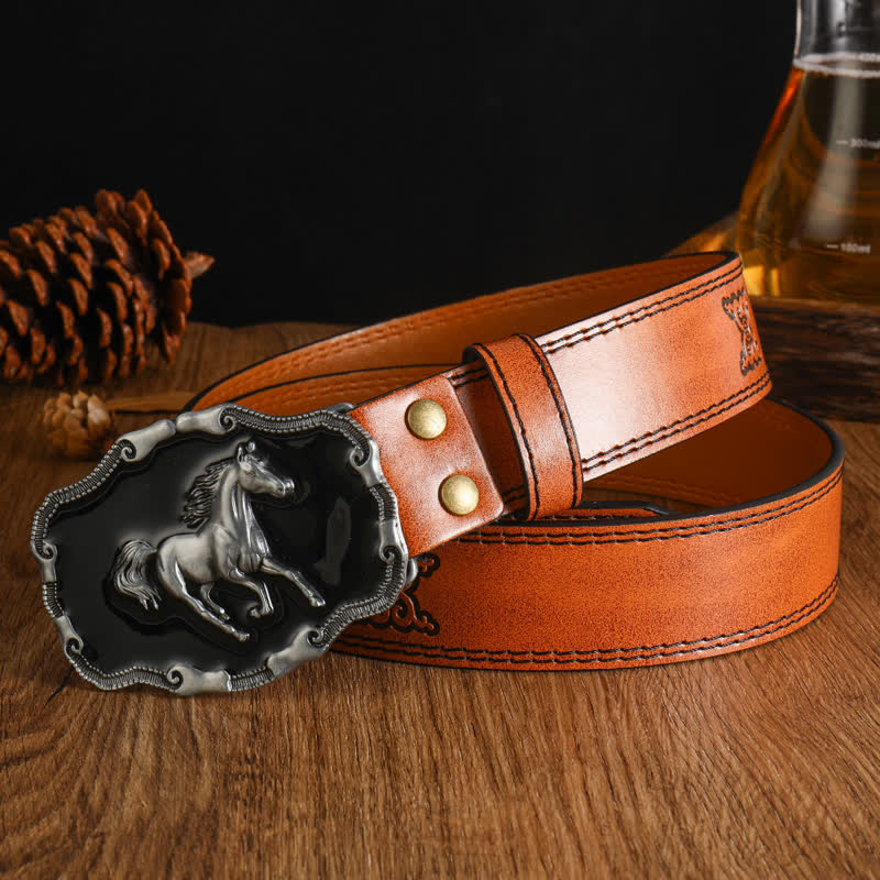 Men's Black Silver Running Horse Leather Belt - Style #7 - 42 - image 13