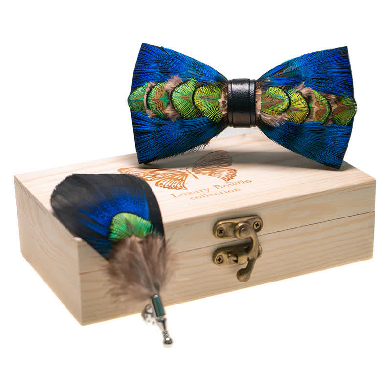 Blue & Green-yellow Feather Bow Tie with Lapel Pin