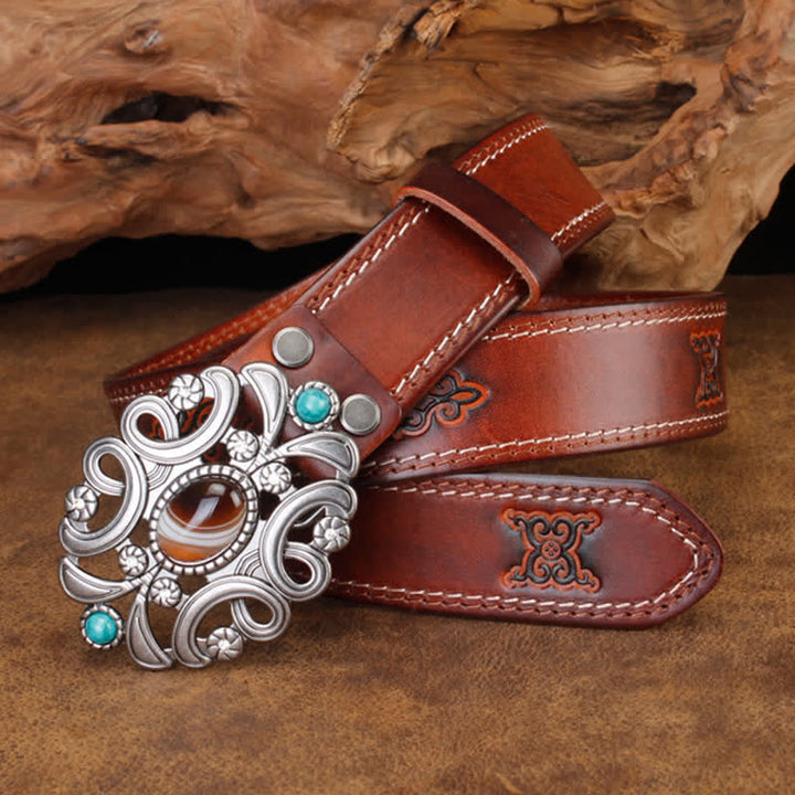 Unisex Agate Stone Turquoise Hollow Flower Leather Belt