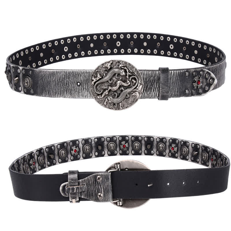 Men's Studded Ruby Lion Ornament Leather Belt