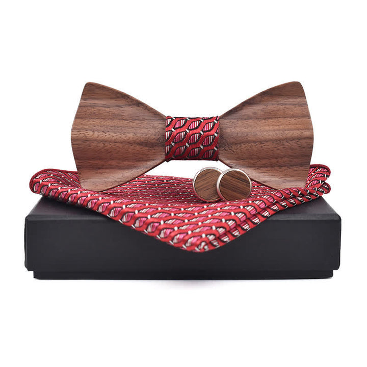 3Pcs Men's Black Walnut Wooden Bow Tie Set