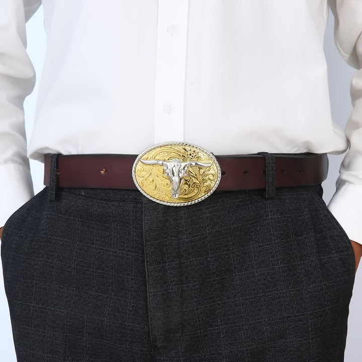 Men's DIY Shining Golden Bull Head Buckle Leather Belt