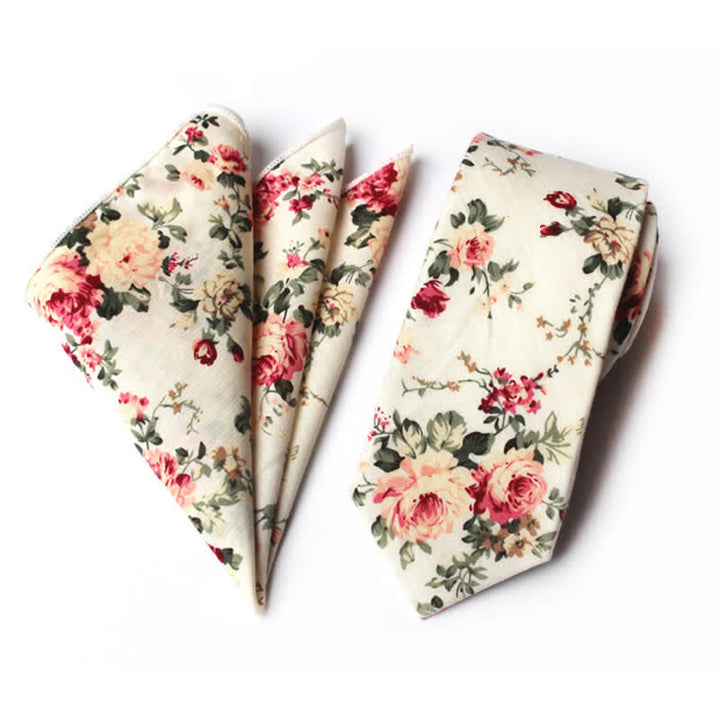 2Pcs Men's Pastel Flower Hanky Necktie Set