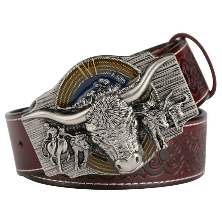 Men's Longhorn Bull Embossed Leather Belt - Brown / Silver - 46 - image 8