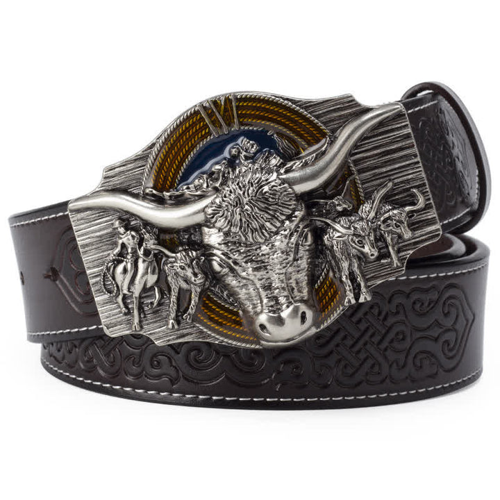 Men's Longhorn Bull Embossed Leather Belt - Coffee / Silver - 46 - image 7