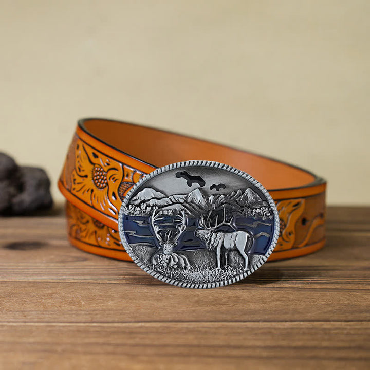 Men's DIY Enamel Wild Life Deer Buckle Leather Belt