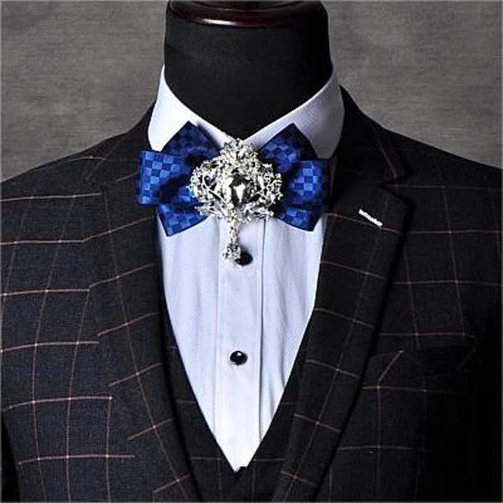 3Pcs Checker Rhinestone Brooch Bow Tie Set