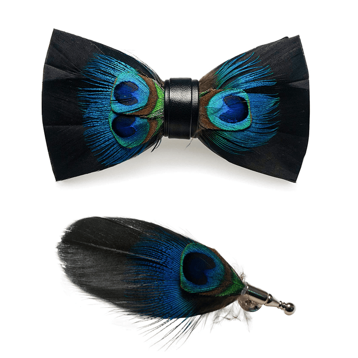 Kid's Black & Blue Peacock Eye Feather Bow Tie with Lapel Pin