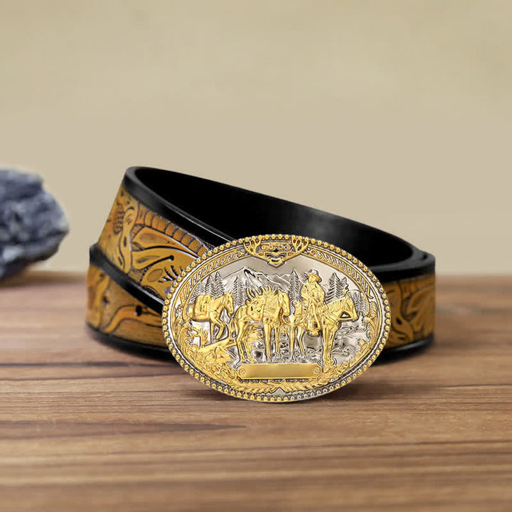 Men's DIY Cowboy Knight Leading Horse Buckle Leather Belt