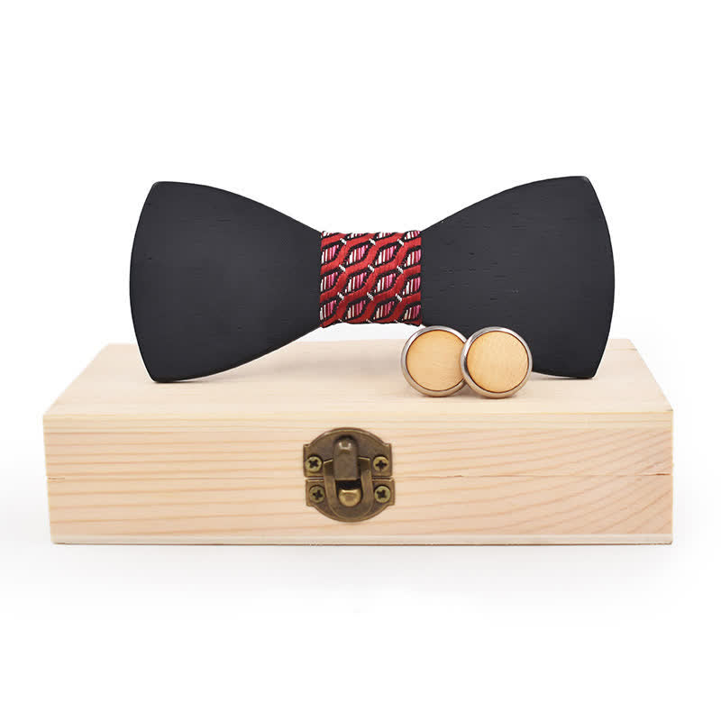 2Pcs Men's Black Wooden Bow Tie Cufflinks Set