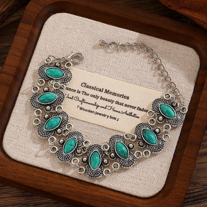 Vintage Boho Marquise Turquoise Antique Silver Carved Link Bracelet - Dark Green - image 6
