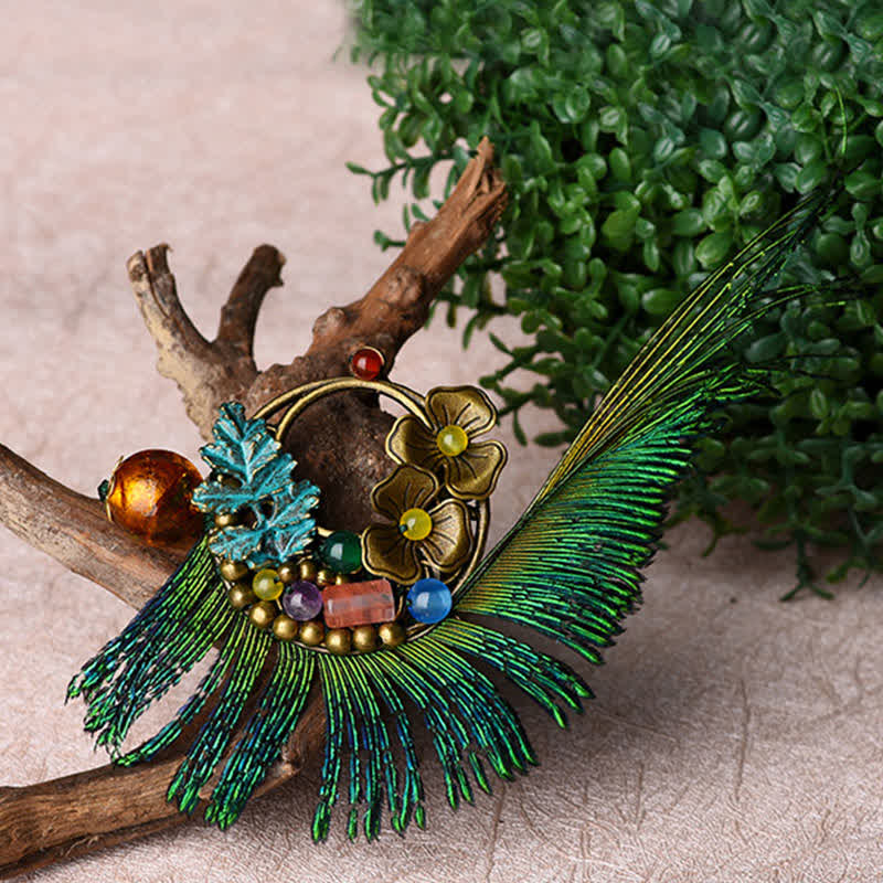 Women's Retro Bronze Flower Peacock Feather Brooch