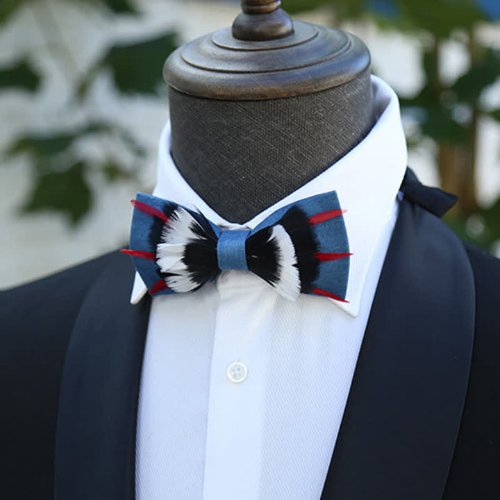 Black & White Deluxe Blue Flax Feather Bow Tie