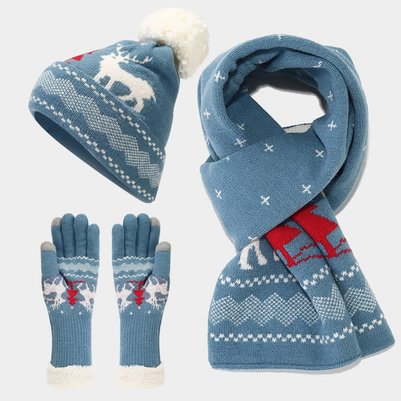 3Pcs Women's Reindeer Tree Jacquard Hat Scarf Gloves Set