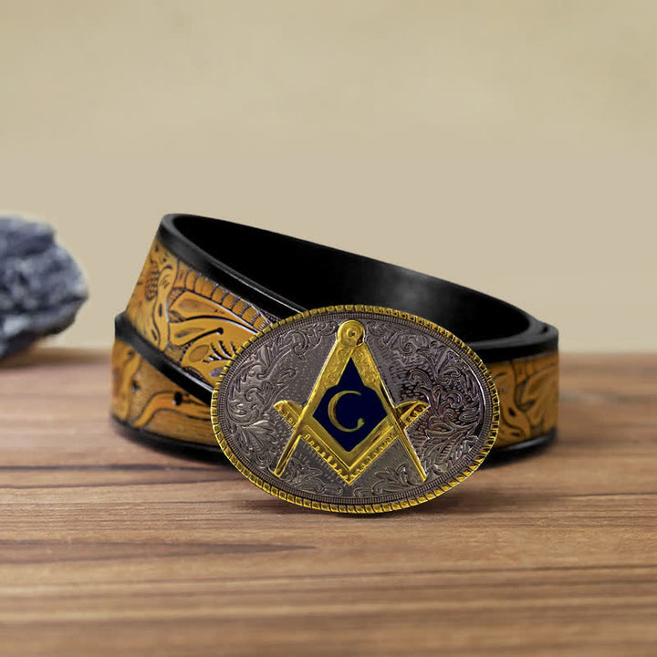 Men's DIY C-Shaped Masonic Oval Buckle Leather Belt