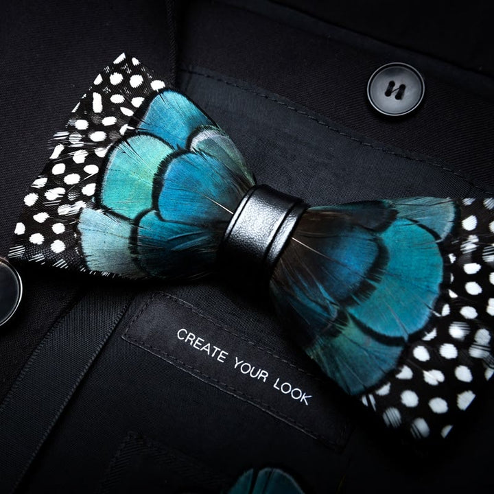 Kid's Turquoise & Black Feather Bow Tie with Lapel Pin