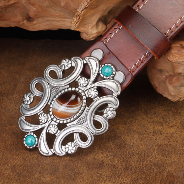 Unisex Agate Stone Turquoise Hollow Flower Leather Belt