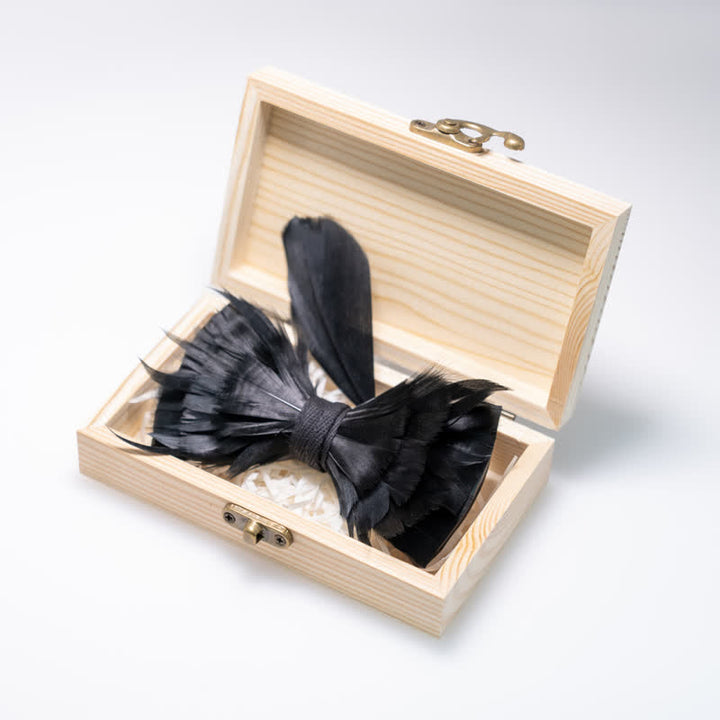 Kid's Solid Black Feather Bow Tie with Lapel Pin