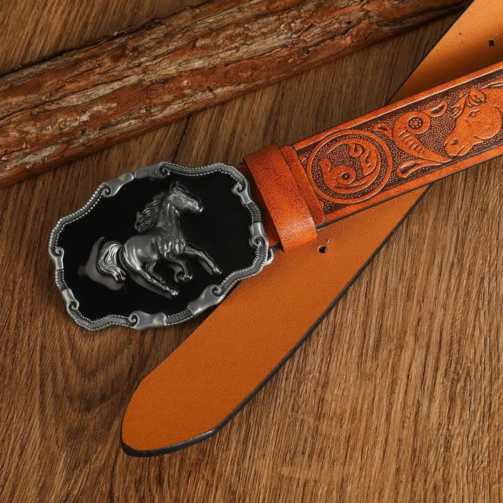 Men's Black Silver Running Horse Leather Belt - image 12