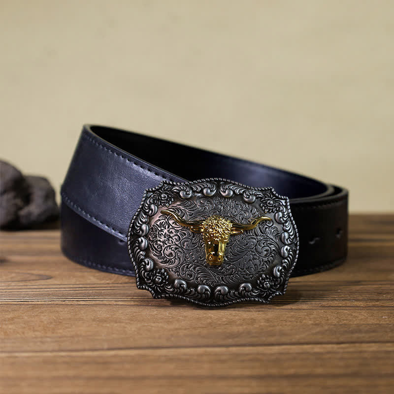 Men's DIY Longhorn Bull Antiqued Silver Buckle Leather Belt