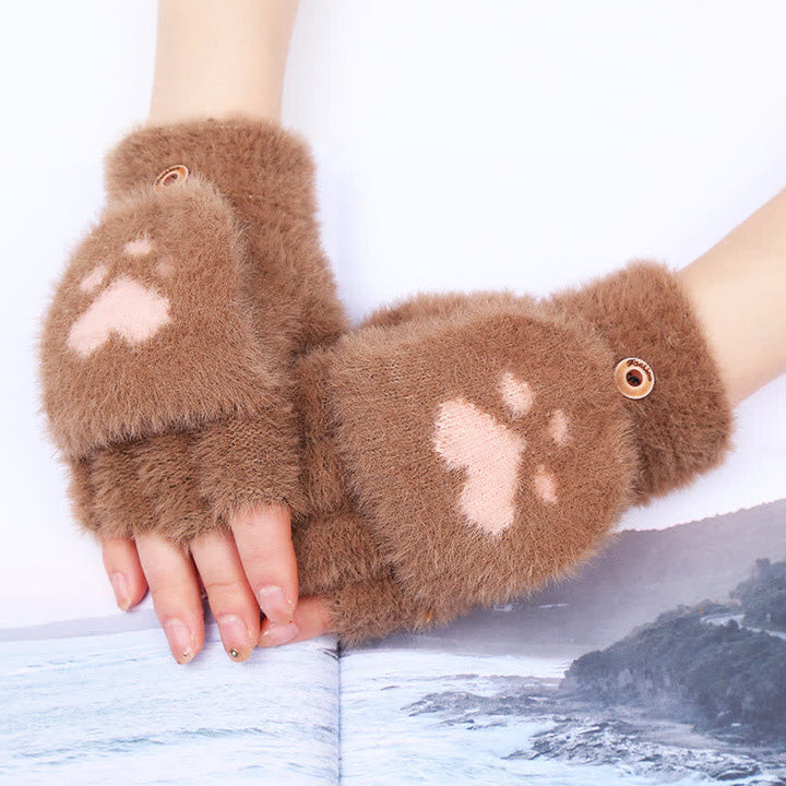 Women's Warm Cat Paw Print Mittens Fluffy Gloves