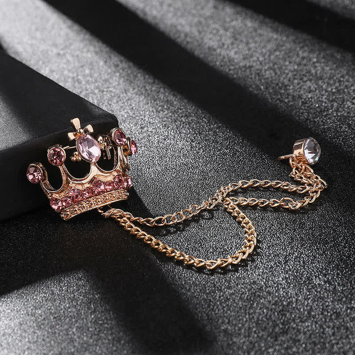 Men's Retro Crown Chain Rhinestones Brooch - Gold & Pink - image 12