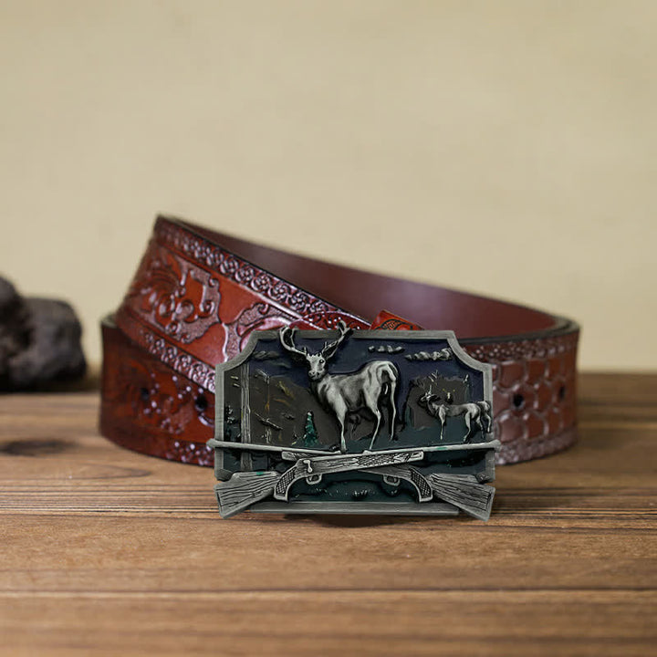 Men's DIY Deer Shotgun Hunter Buckle Leather Belt