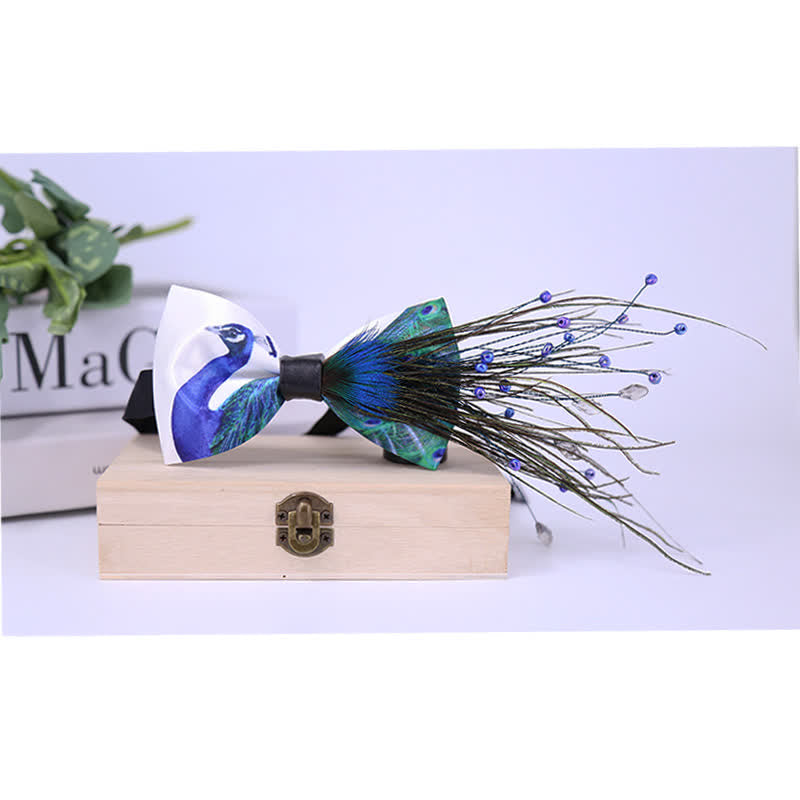 Blue Peacock Tail Beaded Feather Bow Tie