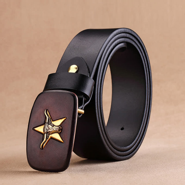 Men's Ox Head Star Plate Buckle Leather Belt