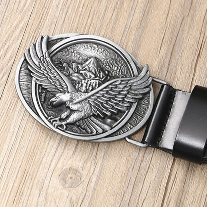 Men's Novelty Flying Eagle Buckle Carved Pattern Leather Belt - image 3