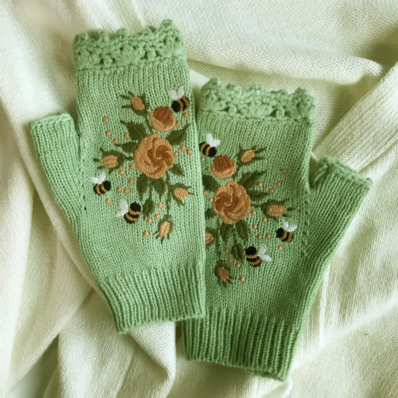 Women's Flower Embroidered Half Finger Knit Gloves