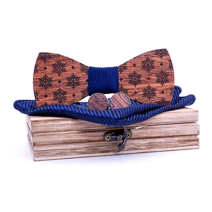 3Pcs Men's Snowflakes Pattern Christmas Wooden Bow Tie Set