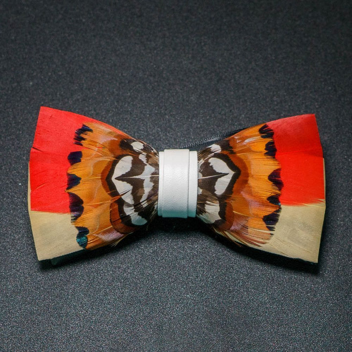 Orange & White Lively Feather Bow Tie with Lapel Pin