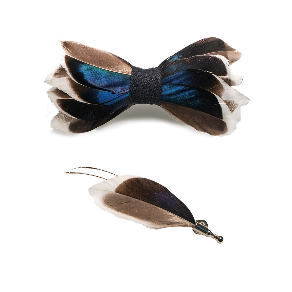 Kid's DarkBlue & Brown Graceful Feather Bow Tie with Lapel Pin