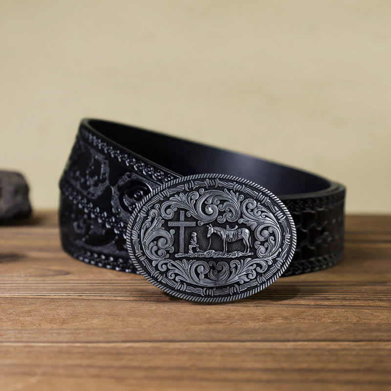 Men's DIY Praying Cowboy Oval Buckle Leather Belt