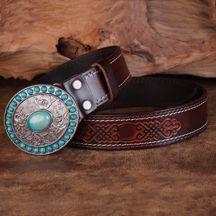 Unisex Carved Rose Turquoise Jade Agate Leather Belt