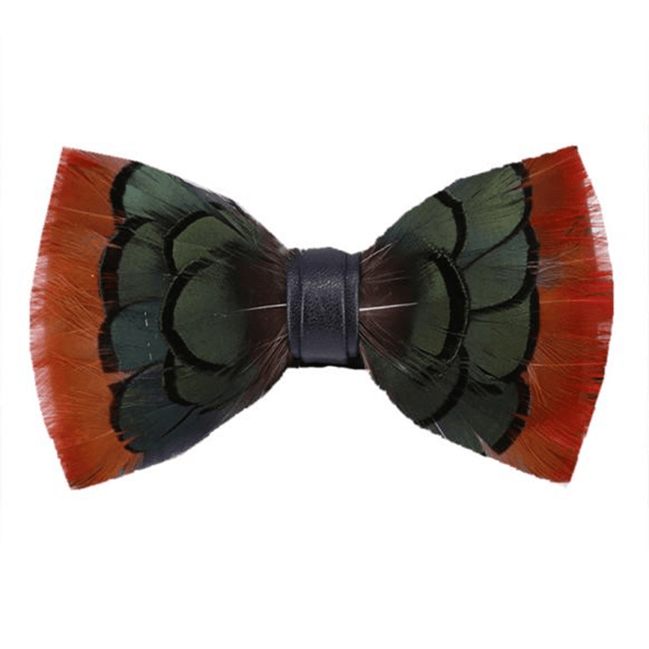 Orange Greenish Pheasant Feather Bow Tie with Lapel Pin