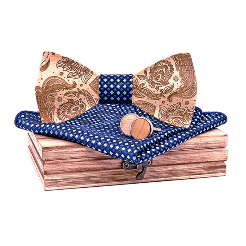 3Pcs Men's Carving Paisley Wooden Bow Tie Set