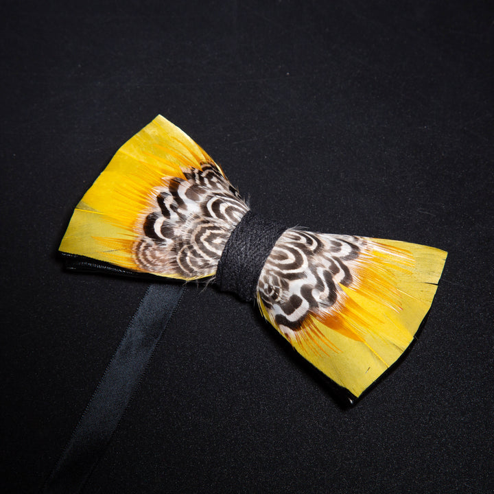 Yellow Tiger Print Feather Bow Tie with Lapel Pin