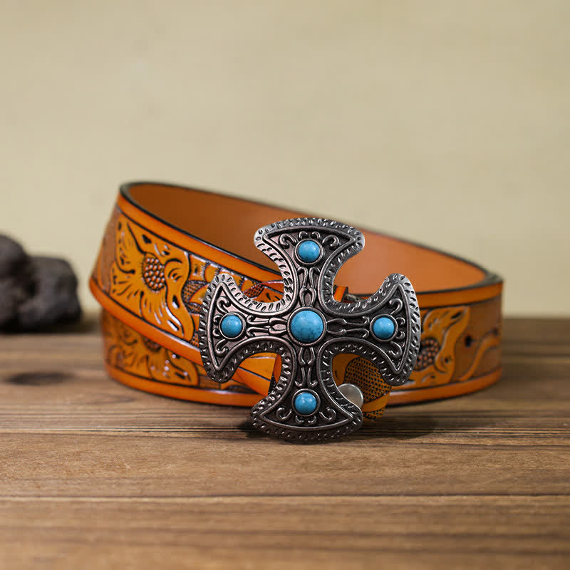 Men's DIY Retro Turquoise Stone Cross Buckle Leather Belt