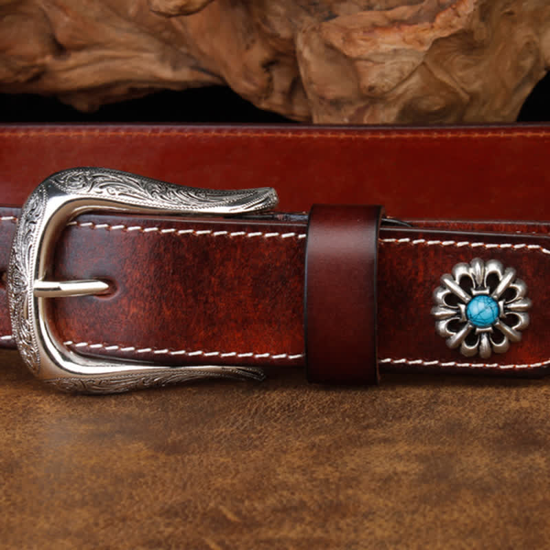 Unisex Retro Brown Turquoise Flower Leather Belt