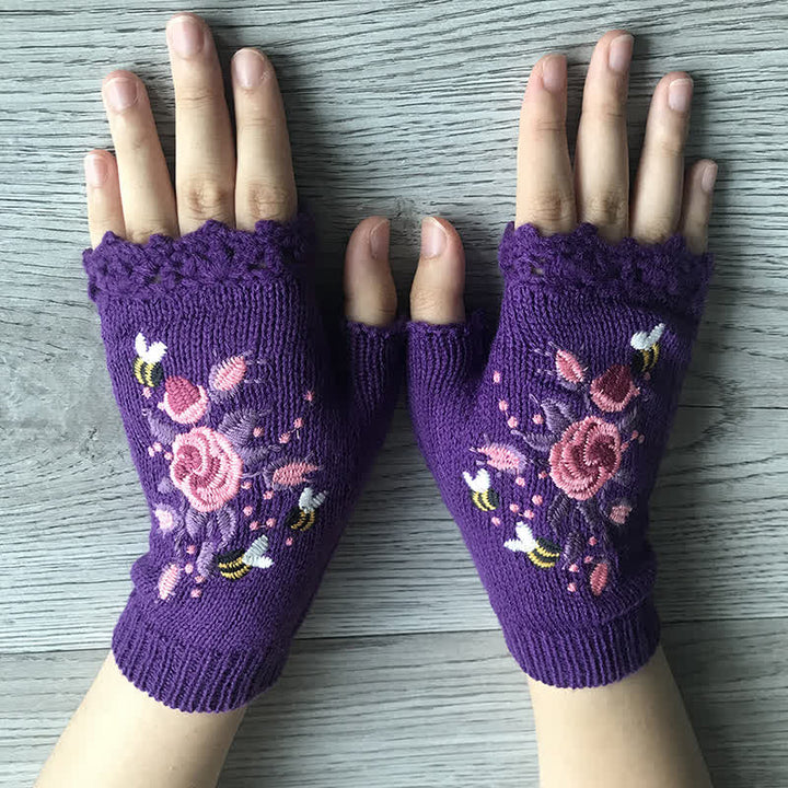 Women's Flower Embroidered Half Finger Knit Gloves