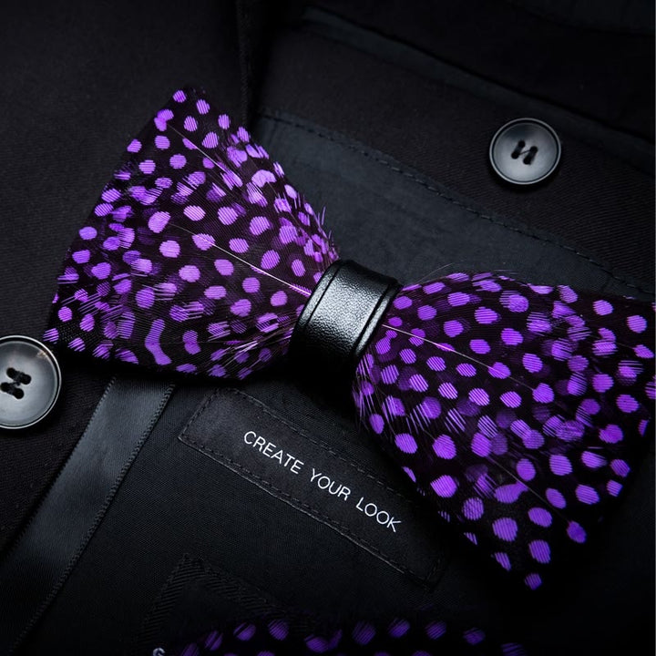 Kid's DarkViolet White Polka Dots Feather Bow Tie with Lapel Pin